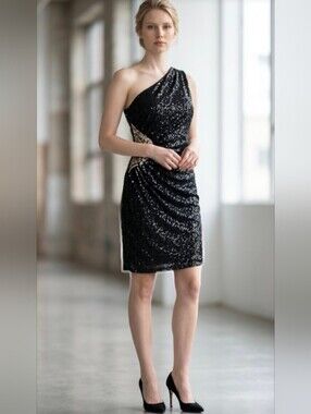 NWT@$60! JACKIE JON, NEW YORK! BLACK STRETCH, SEQUINNED 1 SHOULDER DRESS! SZ 10